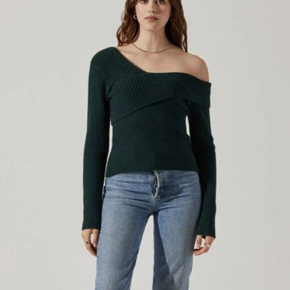 ASTR The Label Asymmetric Fold Over One Shoulder Rib Sweater XL Green Preppy